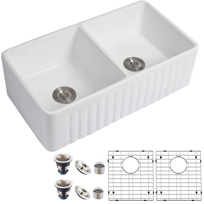 33'' Kitchen Sink Apron Fireclay Farm Sink Double Bowl W/ Strainers & Grids White