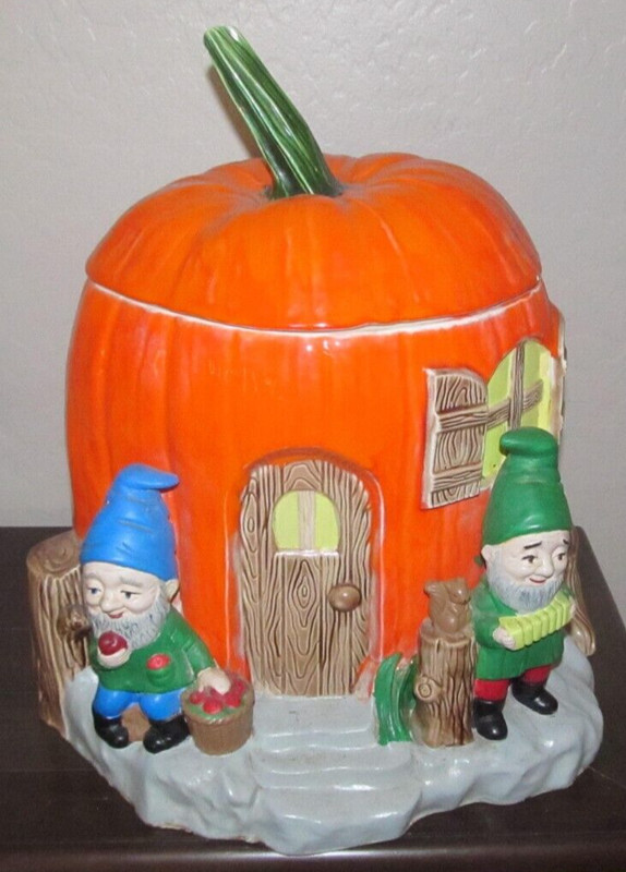 ~VERY RARE~ Gnome Pumpkin House Cookie Jar Canister Halloween 14” Tall Large