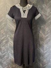 Talbots SZ S P Petite Women’s V Neck Embroidered Navy/White Dress