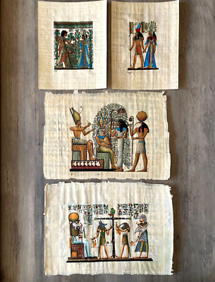 Vintage Ancient Egyptian Hand Painted Papyrus Art Set of 4