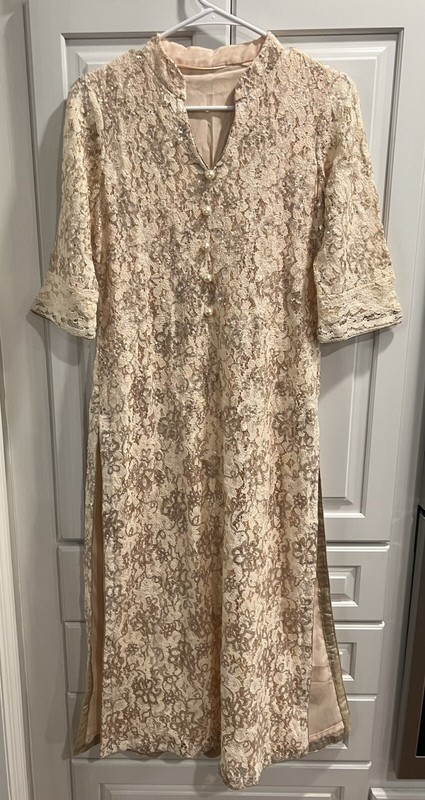 Pakistani Women’s Peachy Cream Lace Sequins Kurta Kurti Size S See Measurements
