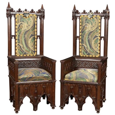 PAIR OF ENGLISH MID 19TH C GOTHIC REVIVAL HIGH BACK THRONE CHAIRS (AF2-120)