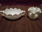 Vintage Fenton Milk Glass Double Ruffle White Hobnail Ball Vase & Nut Dish