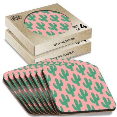 8 quadratische Untersetzer in Schachtel - rosa Kaktus Pflanze Wüste #2503