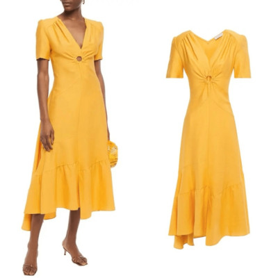 NWT SANDRO Tamara Linen Asymmetric Cutout Gathered Twill Midi Dress in Saffron L