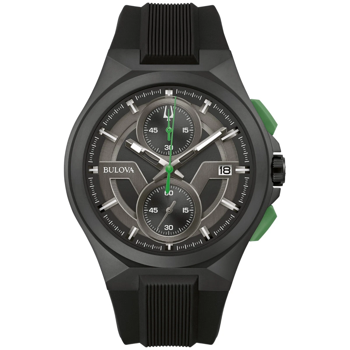 Bulova Maquina Men's Quartz Chronograph Calendar Black Green Watch 46MM  98B381