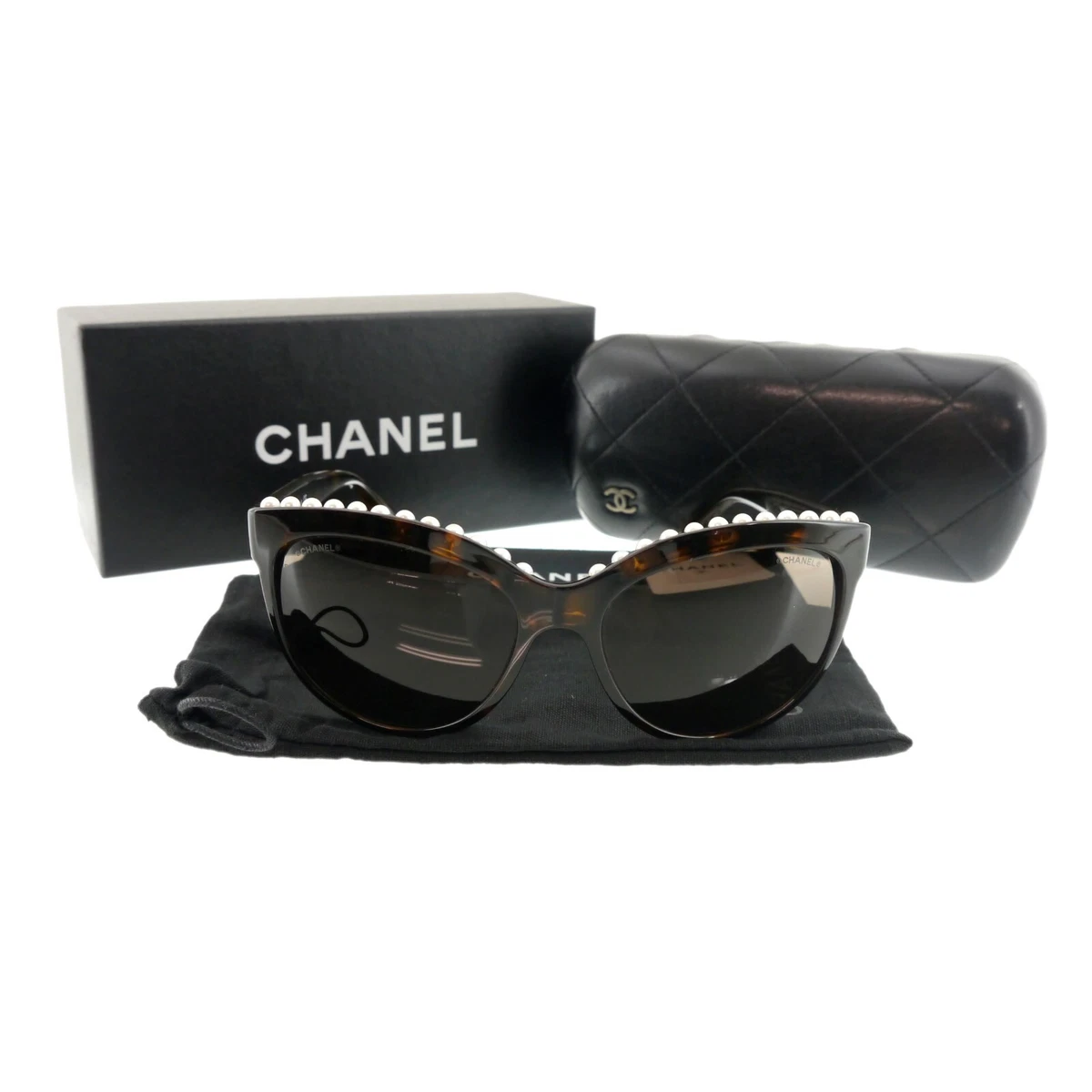 Authentic CHANEL Pearl Sunglass Dark Brown Dark Brown Lens 6040-H #f37389