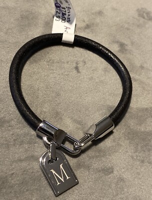 Silver Bronze Initial Tag Leather Bracelet by Bronzo Italia Letter M