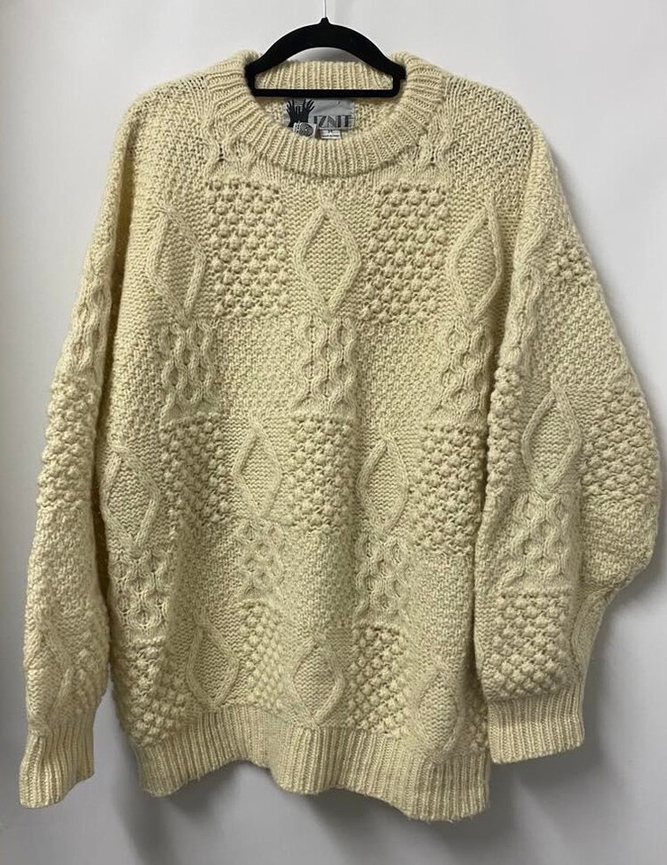 IZNIT 100% Wool Cream Cable Knit Style Fisherman's Jumper Unisex Size M - L