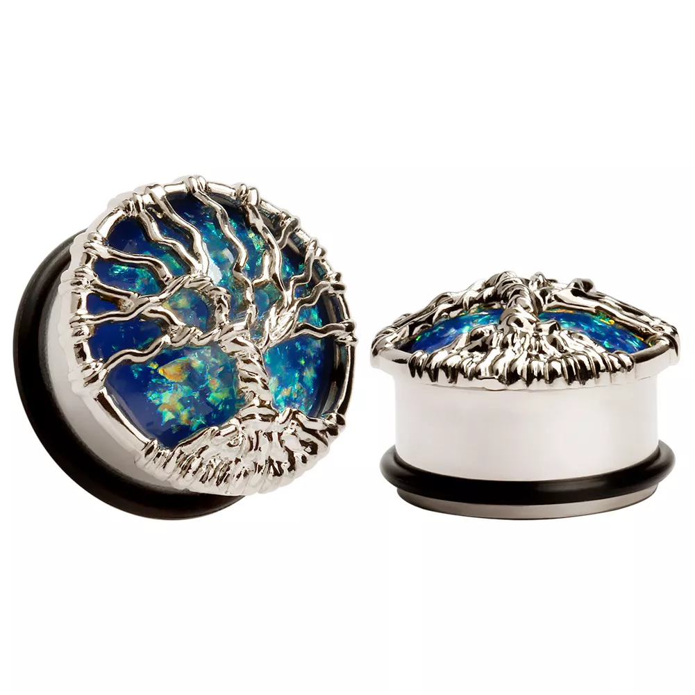 Pair Tree of Life opal look stone Ear Plug Flesh Tunnels Stretcher Taper 10 25mm