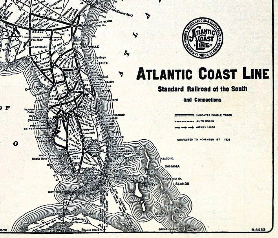 Mapa ferroviario Poole Bros 1936 Atlantic Coast Line Virginia Florida GA NC SC RR Foto 2 de 3