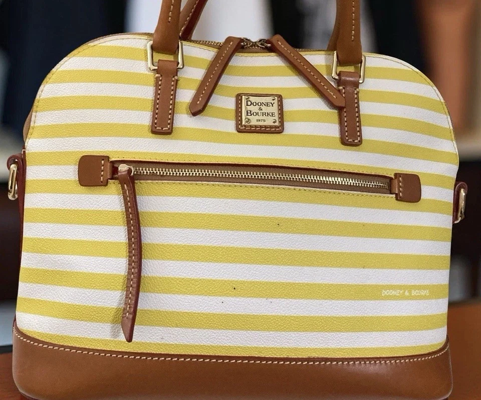 Bolso Cartera Dooney Bourke Sullivan Rayas Amarillo Blanco Cremallera Alrededor Cúpula Foto 3 de 4