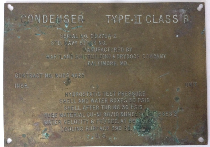 Rare 1960's? MARYLAND SHIPBUILDING Brass CONDENSER Plate Plaque off US NAVY SHIP