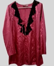 Frederick's of Hollywood Satin Kimono Gown M Pink Black Lace Trim Tie Front Vtg