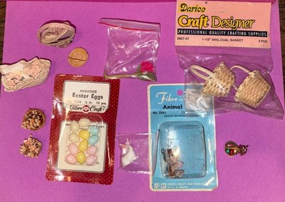 Vintage Dollhouse Miniature Easter Spring Lot Bunny Eggs Baskets Flowers Bear 1: