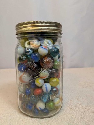 Vintage Glass Mason Jar Full Of Assorted Colorful Marble Collection