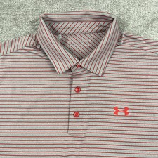 Under Armour Polo Shirt Mens Large Gray Red Striped Heatgear Performance Golf