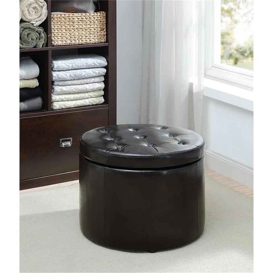 Convenience Concepts Designs4Comfort Round Shoe Ottoman in Black Faux Leather - Image 2 of 4