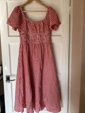 Gingham Red White Cotton Dress Uk M/L Maxi Short Sleeve