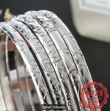 925 Sterling Silver Engraved Round Bangle Bracelet, Silver Tone, No Stone