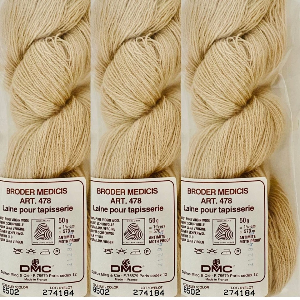 3 Hanks Vintage DMC Broder Medicis Wool Thread Beige 8502 NOS French 50g - Image 4 of 4