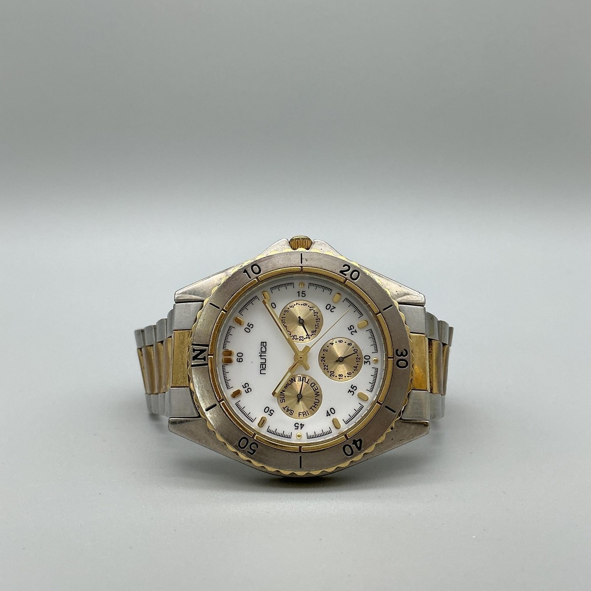 Nautica Mens Watch 40mm Multifunction Silver Gold Two Tone 