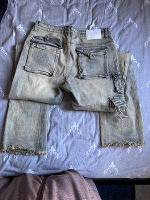 Pure Reign Men's Light Blue Denim Straight Jeans Distressed Fringe 5-Pocket