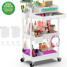 3 Tier Rolling Utility Cart with Drawer White Storage Organizer Mobile Shelf