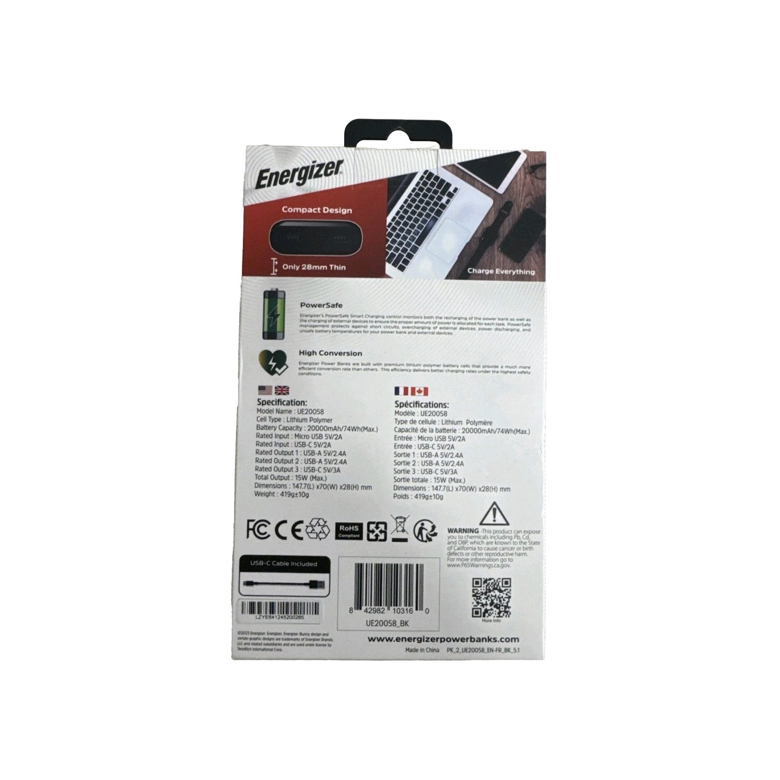 Energizer Max Portable Power Bank 20,000 mAh with LCD Indicator - UE20068 USB C