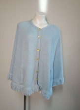 Vintage Knit Poncho Cape Fringe Button Front Boho Shawl Baby Blue Cottagecore
