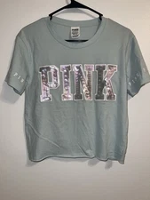 Victoria’s Secret PINK Sequin Logo T-Shirt XS NWT Light Blue Sparkly Tee