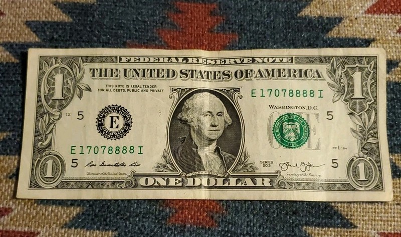 Fancy Cool Serial Number 2013 U.S. 1-Dollar Bill - Unique E17078888I Ungraded