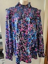 SHEIN XXL Multicoloured Abstract Long Sleeve High Neck Smocked Ruffle Blouse