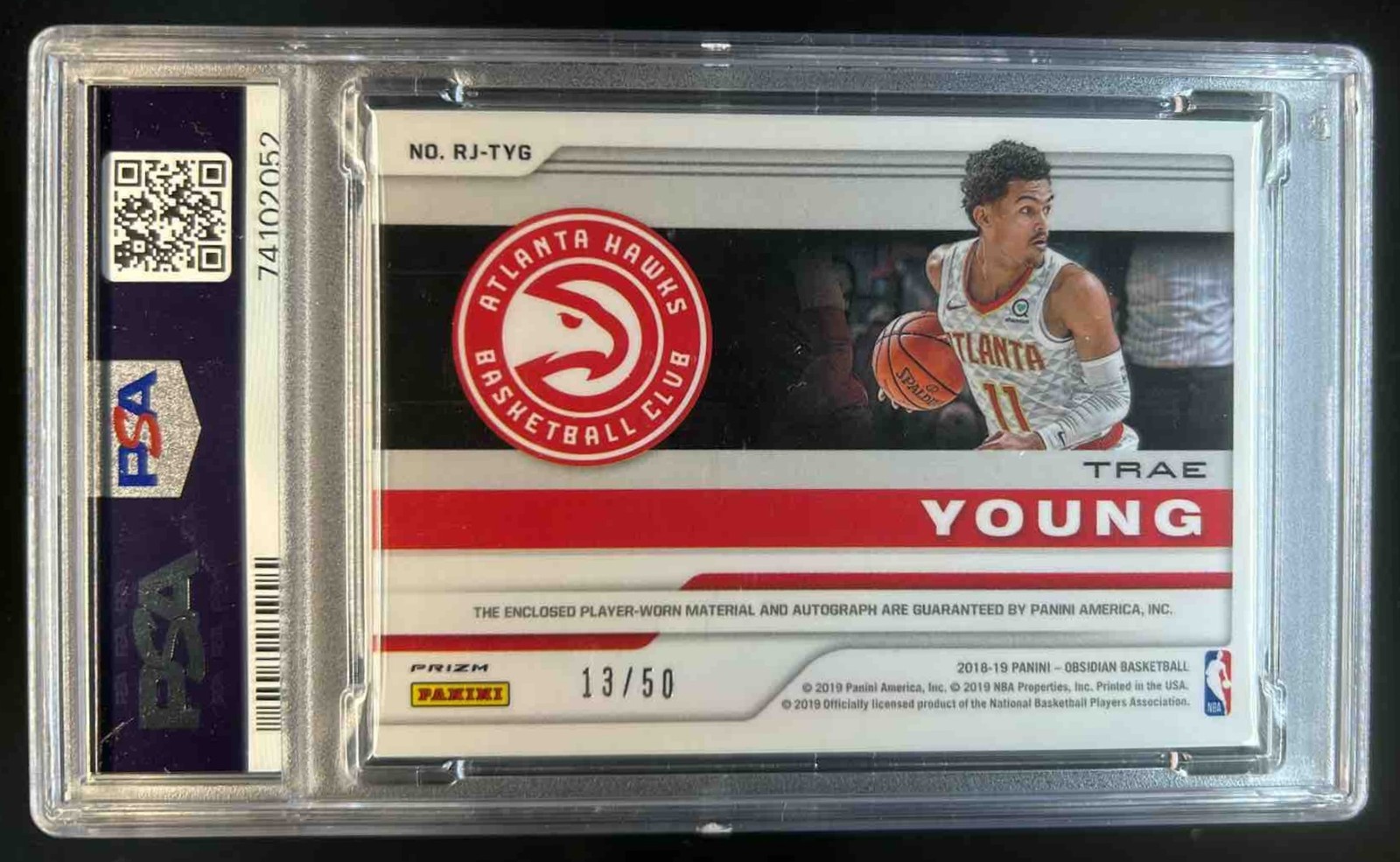 2018-19 Obsidian Trae Young Rookie Jersey Auto RC #/50 Hawks PSA 10 view 2