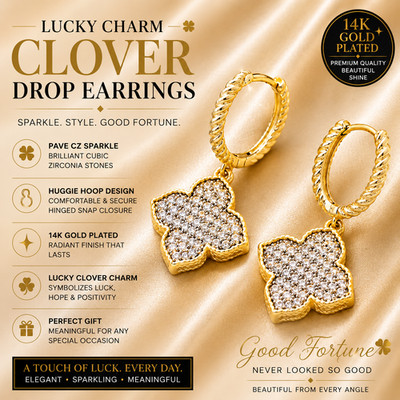 14K Gold Plated CZ Pave Clover Drop Earrings Huggie Hoop Lucky Charm Statement