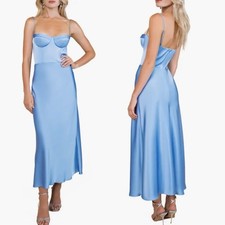 New KATIE MAY Flora Bustier top sleeveless satin Blue Cocktail midi Dress XS