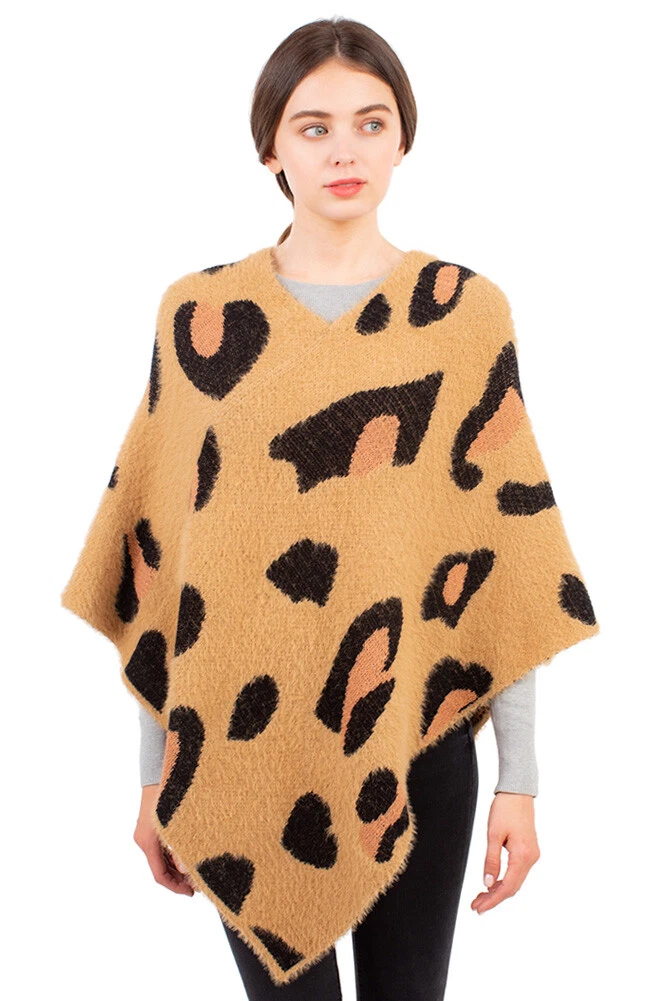 Anthropologie Style Women's Soft Luxury Leopard Pattern Poncho Cover up