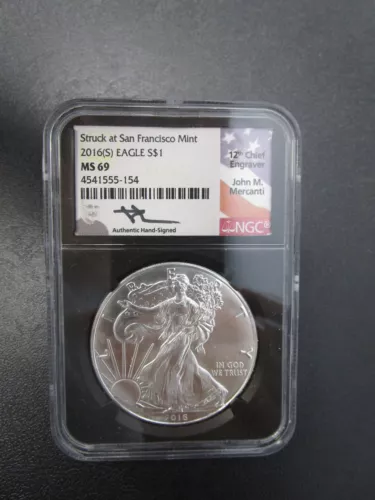 NGC 2016 S MS 69 Silver Eagle $1 Dollar Coin MS69 CA San Franci John M. Mercanti