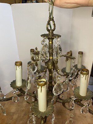 VINTAGE SPAIN CHANDELIER BRASS 10 LIGHT Hollywood Reg CRYSTAL PRISMS  READ*