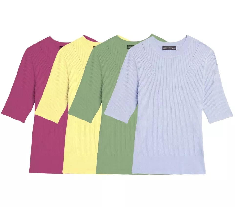 EX M S Top Short Sleeve Ladies Knit Ribbed Sweater Crew Neck Jumper Spring P22