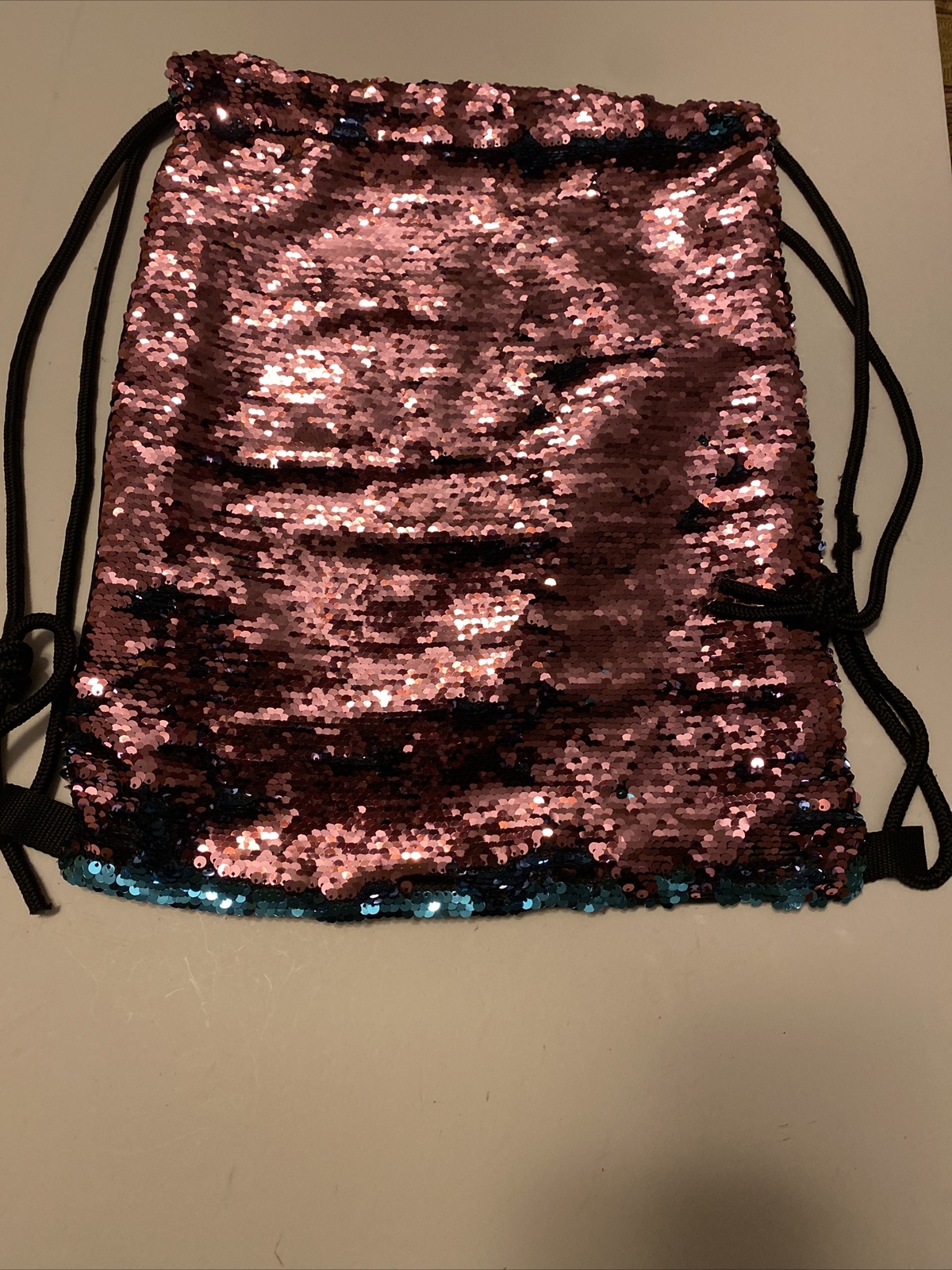 Reversible Sequin Pink & Turquoise Drawstring Bag… - image 2