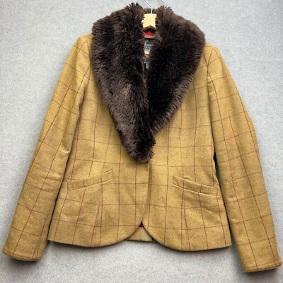 Joules Parade Jacket UK 12 Brown Plaid Check Tweed Field Coat Detachable Fur