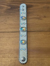 Women's White Leather Cowhide Rhinestones Bead Chain Trim Wrap Cuff Bracelet