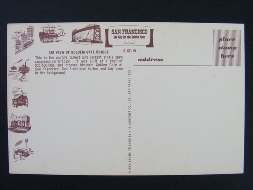San Francisco California CA Golden Gate Bridge Aerial View Postcard 1950s - Picture 2 of 2