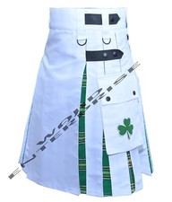 Scottish Handmade Irish Tartan Hybrid Utility Kilt White Cotton Kilt Custom Size