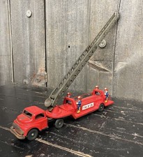Vintage 1950s M.F.D. Aerial Ladder Fire Engine Truck Tin Friction Toy Japan