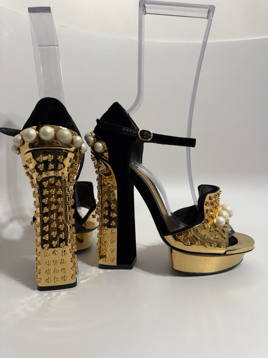 Vtg Alexander McQueen AW2013 Gold Metal Velvet Pearl Heels 38 | eBay