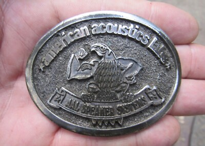 Vtg AAL SPEAKERS Belt Buckle 1978 American Acoustics Labs Stereo Audio RARE VG+