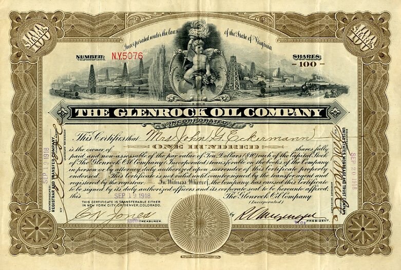 1918 Glenrock Oil Stock Certificate