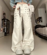 Women's Beige White Cotton Blend Straight Leg Button Casual Pants Punk Casual